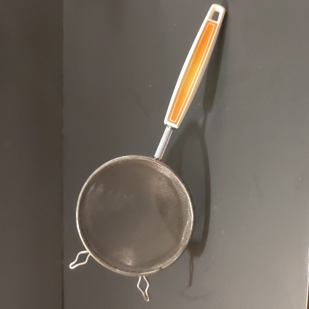 Vintage Ekco Small Metal Hand Strainer White & Orange Handle